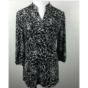 Style & Co Black White Abstract Floral 3 Button 3/4 Sleeve